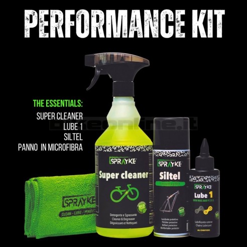 Sprayke Performance Kit "THE ESSENTIALS": Super Cleaner - Lube 1 - Siltel - Microfiber cloth