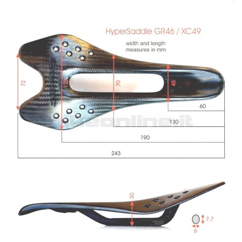 Extralite HyperSaddle XC-49 Superlight Carbon Saddle road, gravel, mtb 49g_dimensions